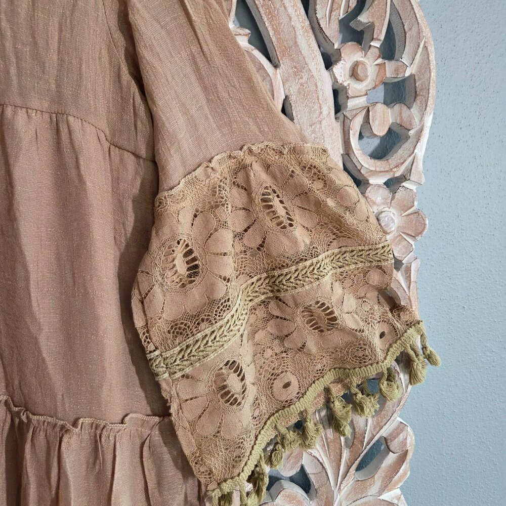 ELFINDEA khaki boho mini dress lace trim, tassels, cold shoulder Large - Picture 3 of 10